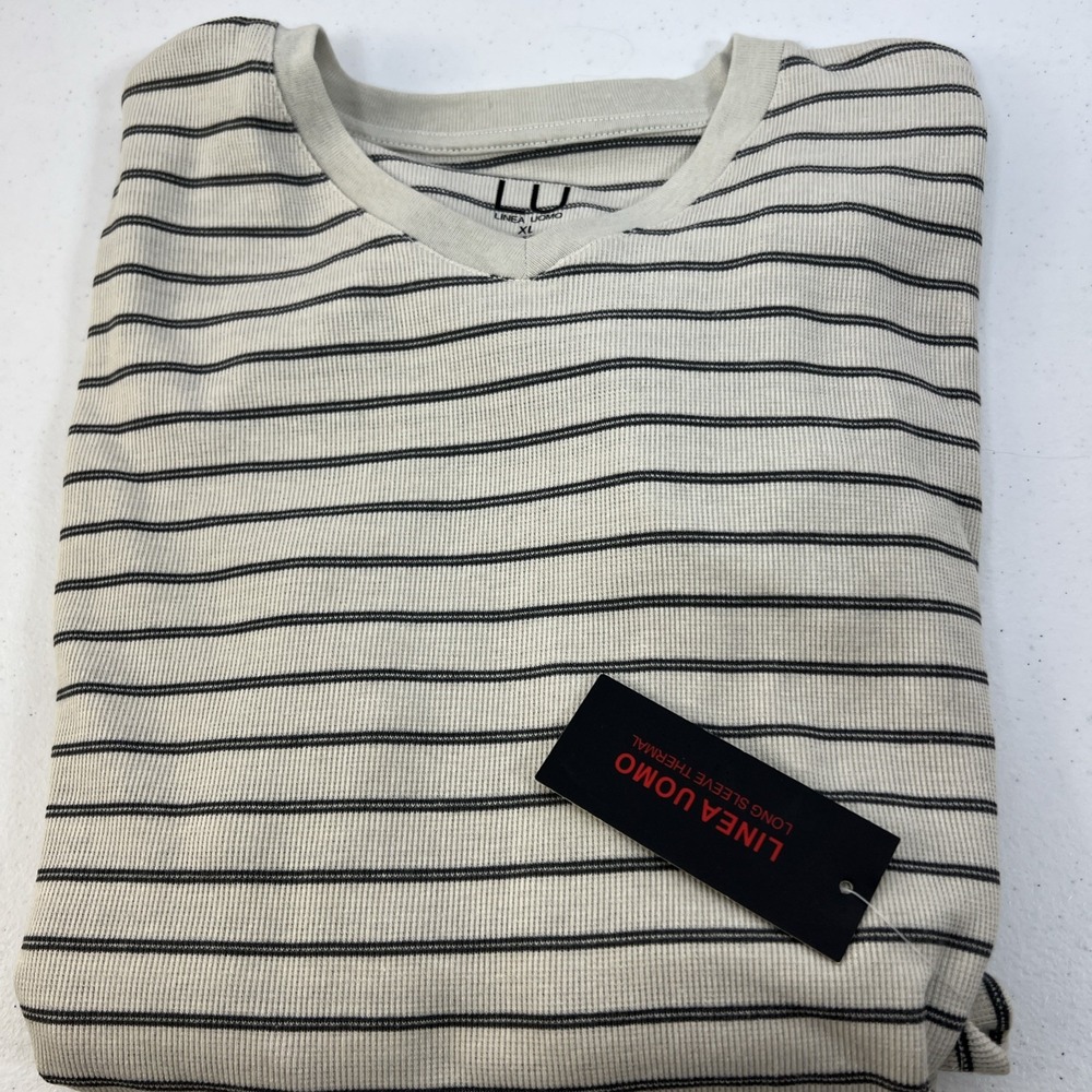 NWT Linea Uomo LU Cream with Black Stripes Waffle Knit‎ Thermal V-Neck Size XL